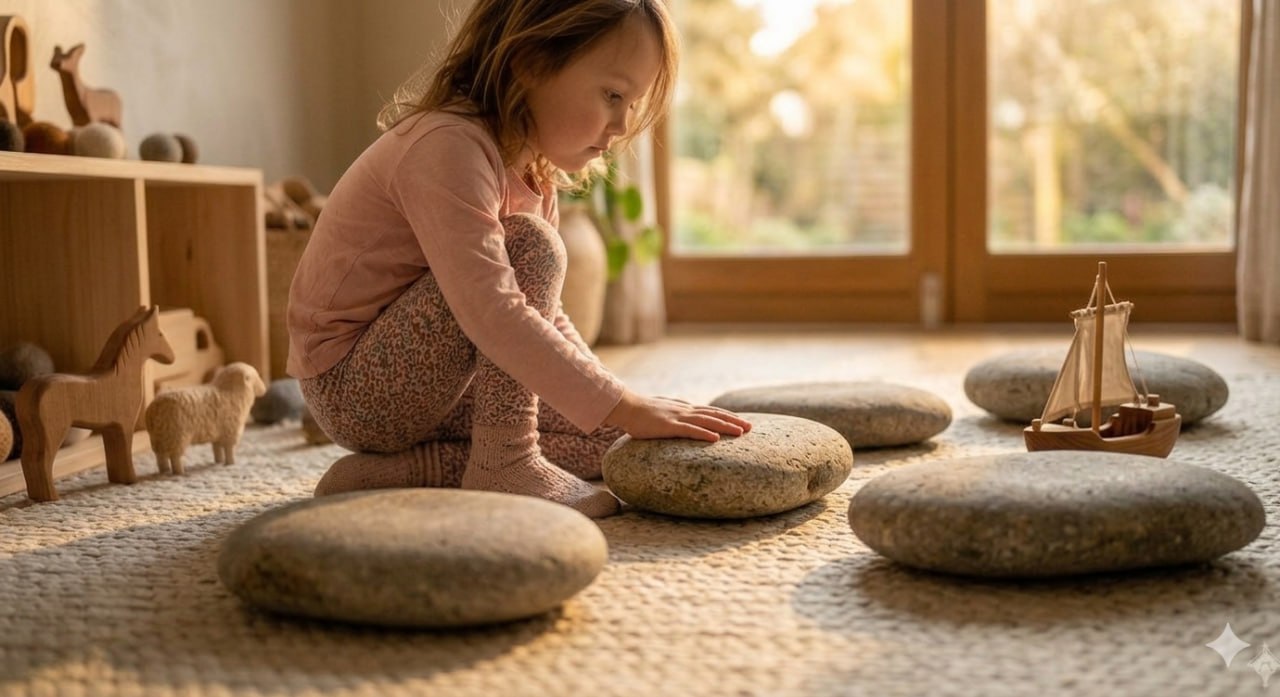 Child stepping across Sarn Stone stepping stones in a warm home setting