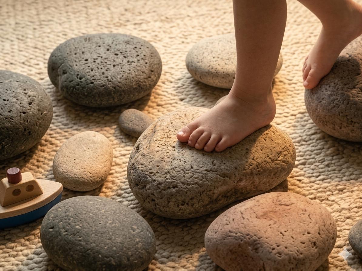 Child's bare feet stepping onto textured Sarn Stone pieces