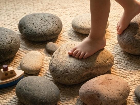 Child stepping onto Sarn Stone stepping stones in a warm home setting