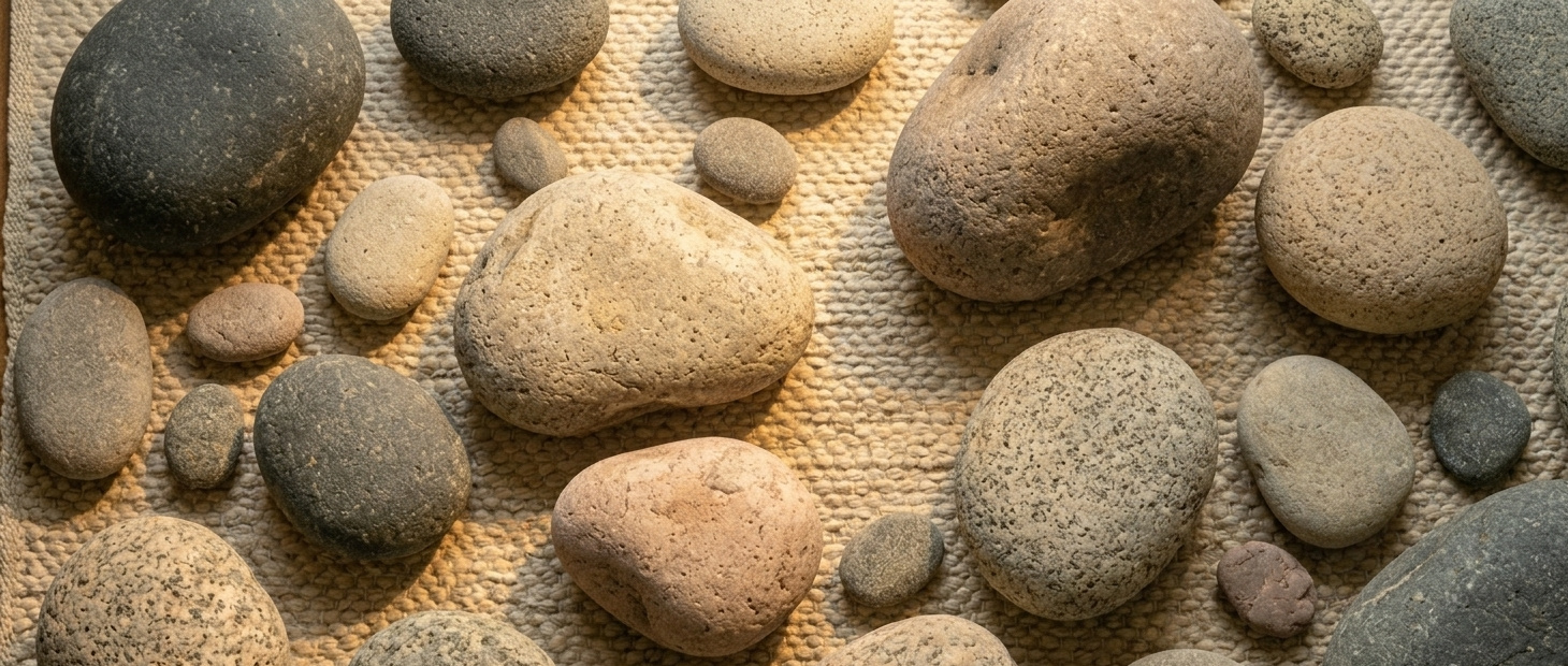 Natural river stones on a woven jute mat