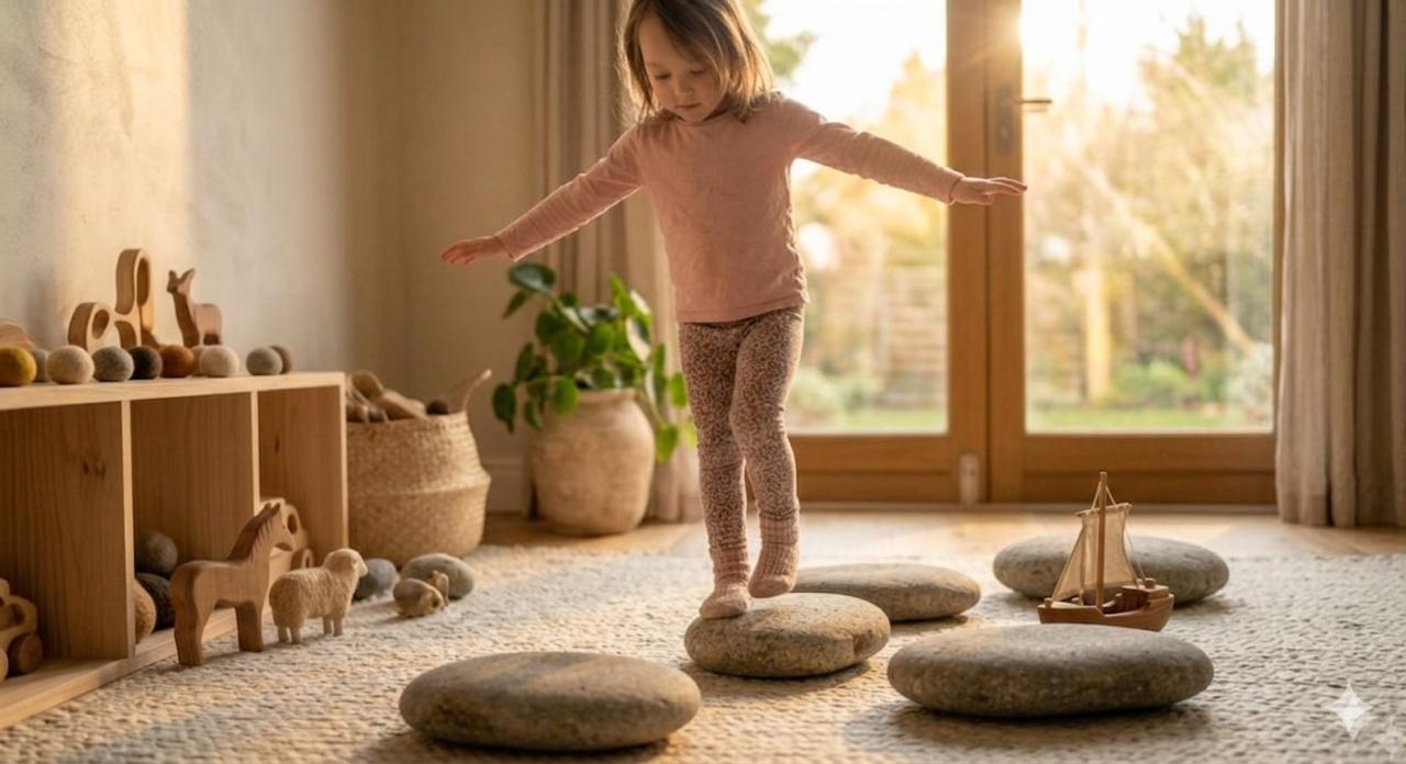 Child balancing across Sarn Stone stepping stones in a warm playroom