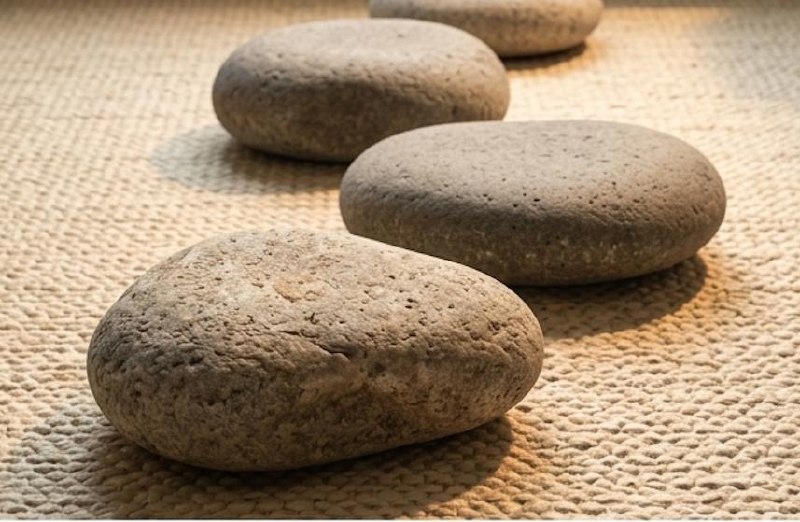Sarn Stone stepping stones arranged in a calm path across a woven rug
